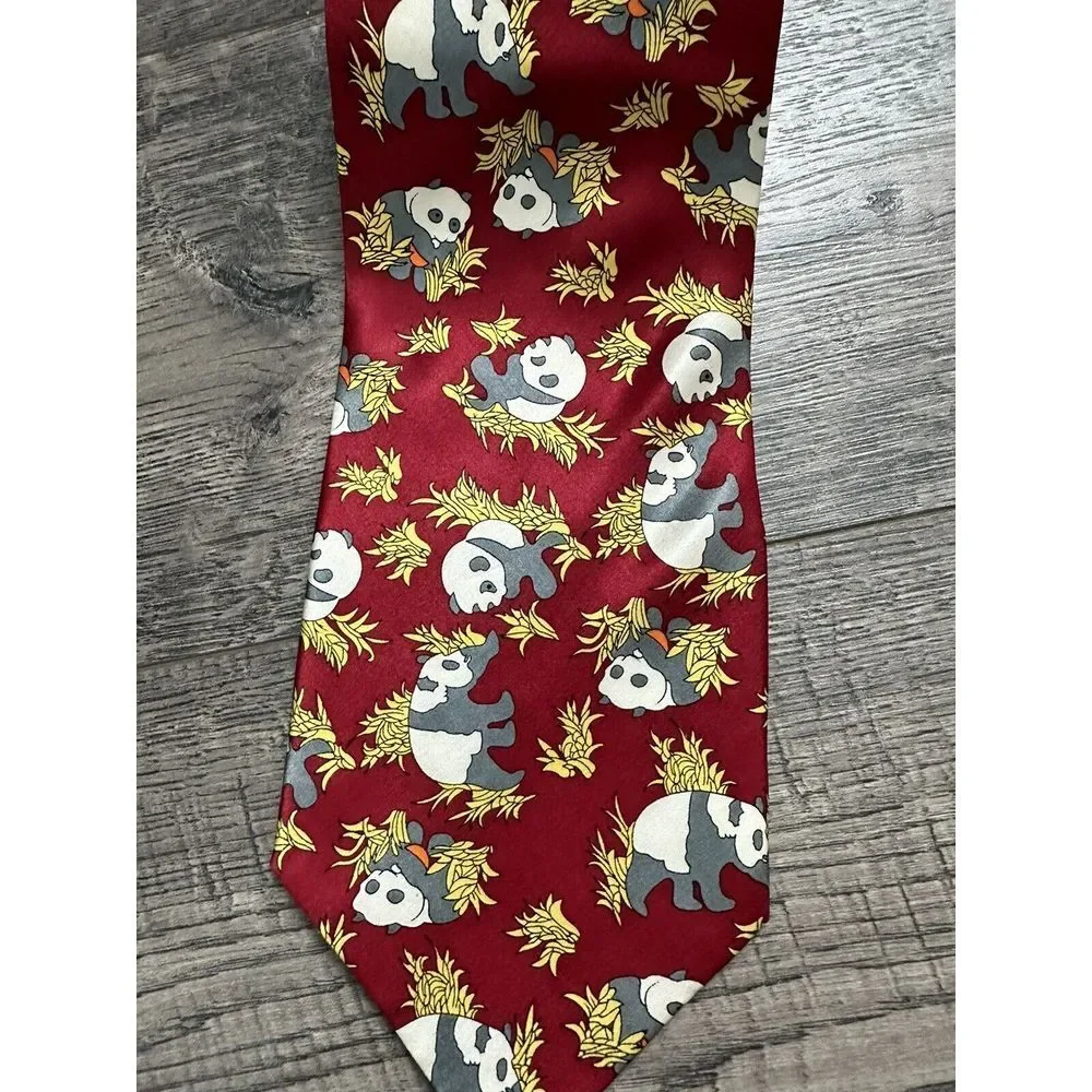 Kai Long  Panda Tie 100% Silk Hand‎ Made Burgundy Neck Tie